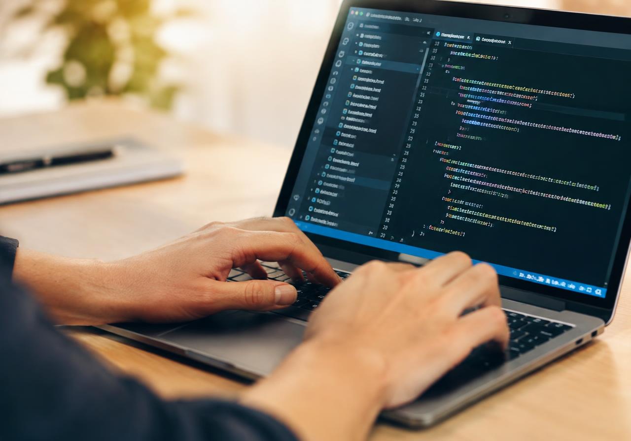 Software developer writing code on a laptop