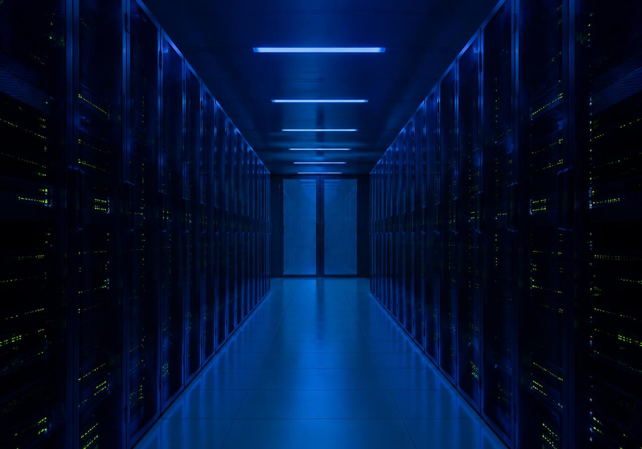 Data centre corridor with server racks in blue light